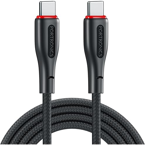 Portronics Konnect View 100W Type C to Type C Cable with LED Display with 5A Max Output, Fast Data Sync, 2M Length, Tangle Resistance supports Laptop Charging(Black)